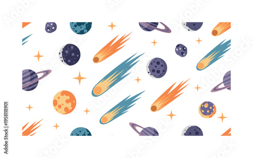 astronomy sky events with moons, comets, shooting stars and planets arranged dynamically, seamless pattern, repeating pattern, surface design, textile print,
