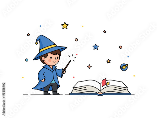 Little wizard character young wizard holding a small wand and standing near an open spell book with gentle sparkles floating around. The composition captures