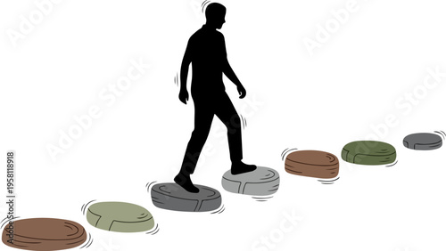 Silhouette of a person walking on a path of stepping stones, symbolizing progress and overcoming challenges