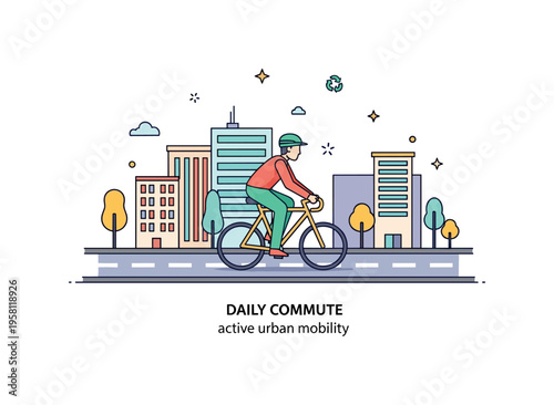Commuter cycling scene centered on a cyclist riding along a clearly painted lane next to city buildings, symbolizing efficient and eco conscious transport. A