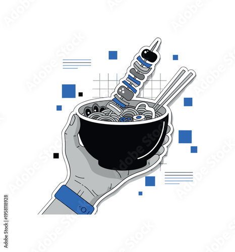 Close-up monochrome skewer or noodle bowl held up for a photo, surrounded by small blue square accents and thin grid lines referencing social sharing moments,