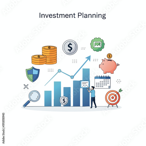 A graphic showing investment planning with charts, coins, and a target