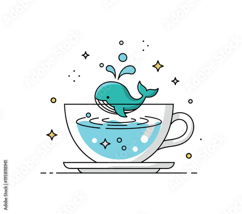 Teacup sea whale tiny whale happily splashing inside a teacup filled with water creating playful ripples and bubbles. Minimalist flat vector illustration,