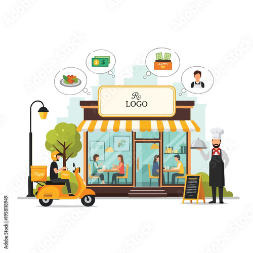 Restaurant with delivery scooter, patrons inside, chef, and thought bubbles