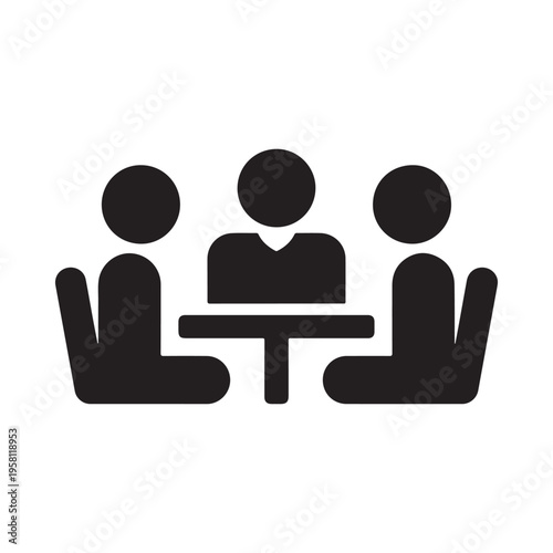 Business Meeting Icon: Three Silhouetted People Sitting at a Table Representing Collaboration and Discussion