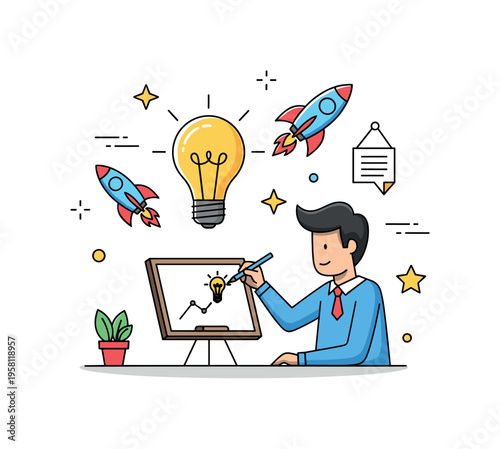 Startup founder idea entrepreneur sketching a bright idea on a small board while lightbulb and rocket icons highlight ambition and creativity. Visual metaphor