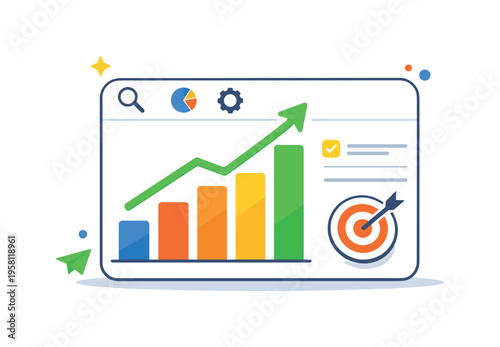 Startup business growth visualized through clean bar charts and a rising line graph integrated into a compact analytics panel. The illustration communicates