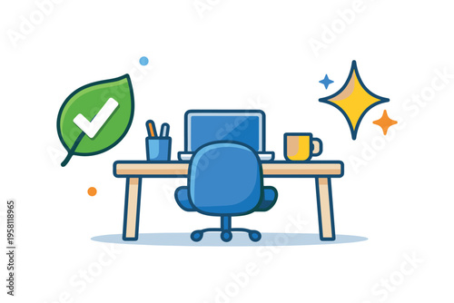 Hot desking hygiene anxiety eased through a calmer scene where a clean desk aligns with a checkmark leaf and sparkle icons, suggesting improved standards