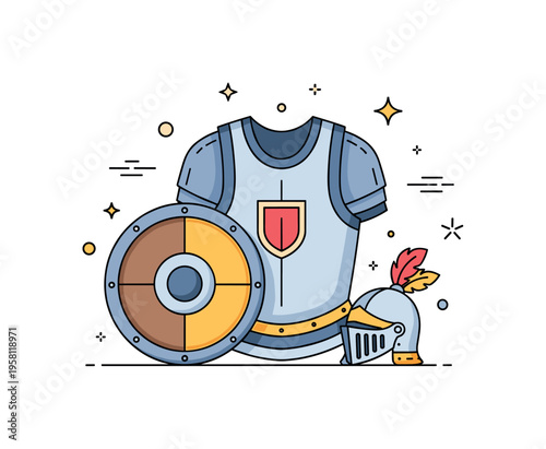 Medieval armor protection shining chest armor placed beside a round shield with a simple emblem while a small plume helmet rests nearby. The scene conveys