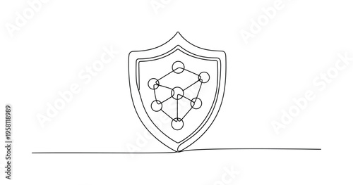 Cybersecurity Shield Protection. Minimalistic one-line drawing shield icon surrounding connected data nodes symbolizing digital protection, continuous single