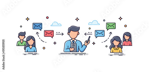Two step flow of communication central influencer figure holding a phone while small message icons travel first to them and then outward to surrounding people.