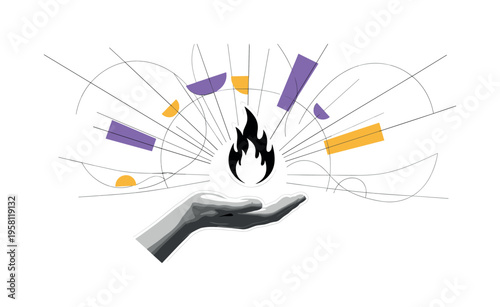 black and white floating flame shape hovering above an open hand, realistic cut-out object with white outline, abstract semicircles and curved lines suggesting