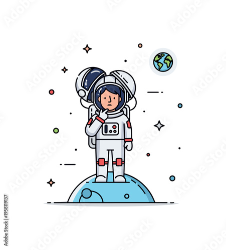 Space exploration and human identity concept centered on a lone astronaut standing on a small planet surface while removing the helmet to reveal a thoughtful