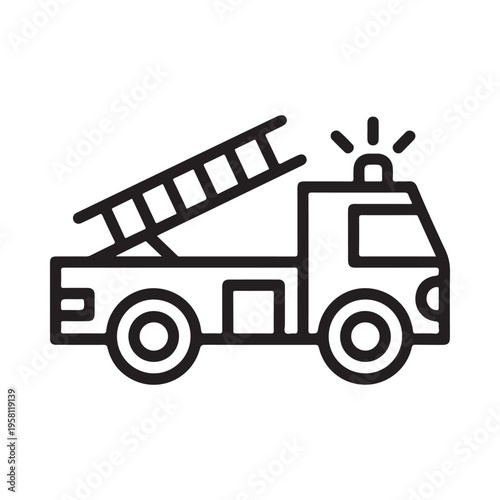 Fire Truck with Ladder Extended Emergency Vehicle Simple Outline White Background