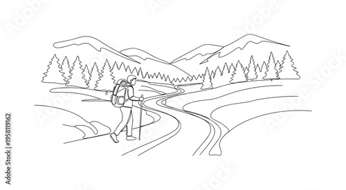 River Trail Backpacking. Minimalistic one-line drawing backpacker walking along a river path during outdoor nature exploration, continuous single black line on