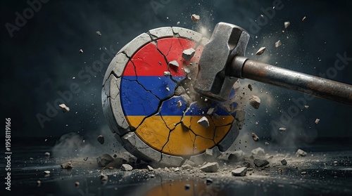 Armenian Flag Shield Destroyed by Hammer: A symbolic representation of conflict and destruction, a shield adorned with the Armenian flag shatters under the impact of a large hammer.