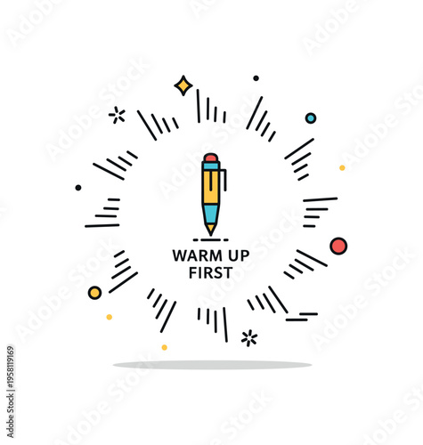 Hand lettering warm up concept featuring a circular arrangement of simple stroke marks around a central pen icon, symbolizing preparation and rhythm. A concise
