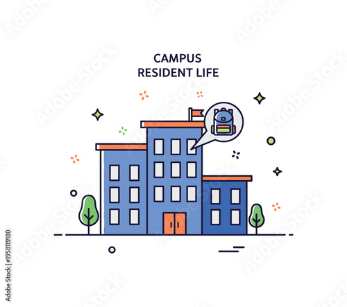 Campus resident life concept featuring a dormitory building silhouette with a tiny backpack icon accent, expressing student residency and independence. The