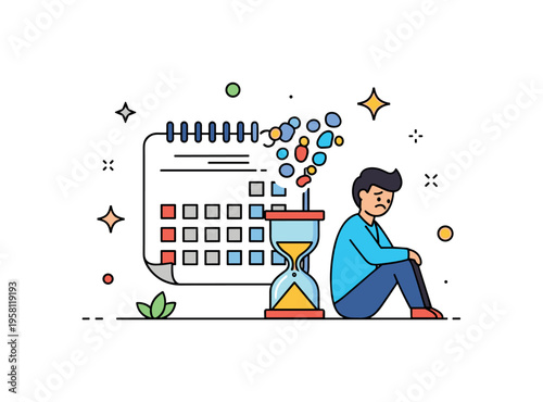 Sadness about wasted time fading calendar page beside a small hourglass while a figure sits quietly in reflection. The composition reflects awareness of time