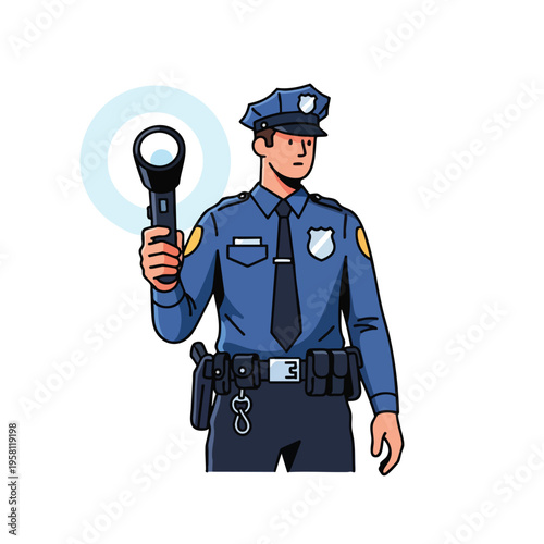 Officer holding flashlight, mid-action pose, ready for duty