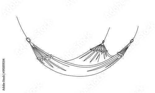 Hammock. Minimalistic one-line drawing relaxing hammock hanging between two supports with a soft curved fabric shape, continuous single black line on white