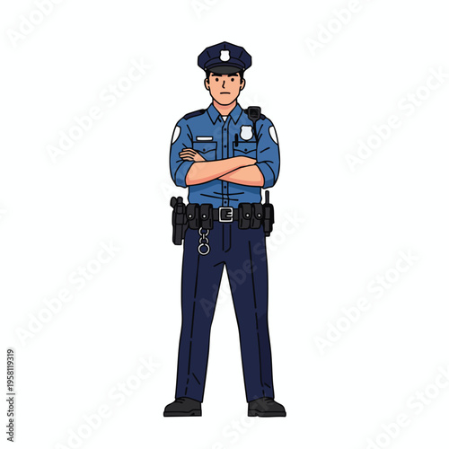 Cartoon policeman with arms crossed, wearing uniform and utility belt