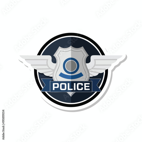 Stylized police badge with wings and ribbon saying "POLICE
