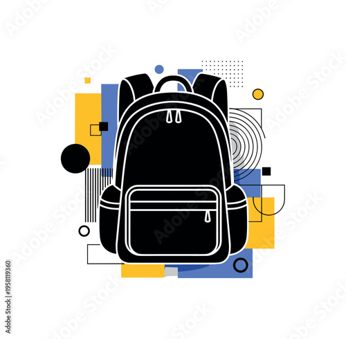 exploration backpack journey with abstract geometric blocks circles and lines, black and white backpack symbolizing travel and discovery with white outline