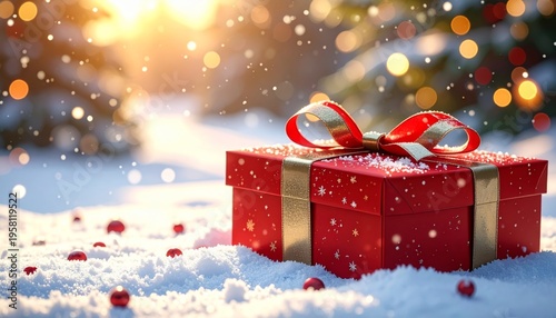 A festive red Christmas gift box with a gold ribbon bow sits before a decorated holiday tree and winter snow background for a seasonal Xmas celebration surprise