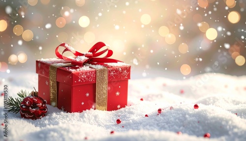 A festive red Christmas gift box with a gold ribbon bow sits before a decorated holiday tree and winter snow background for a seasonal Xmas celebration surprise