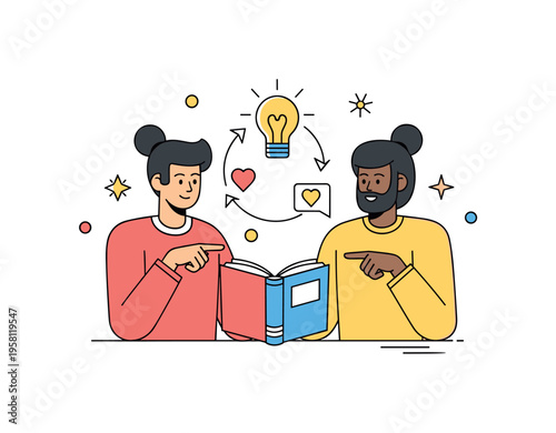 Story sharing friends two companions enjoying a book together while exchanging ideas and pointing at favorite passages. Warm illustration of connection built