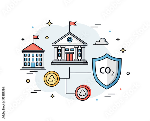 Climate policy and carbon trading featuring a government building icon connected with eco tokens and a regulatory shield marked ?CO2?. The composition reflects