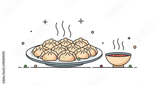 Fresh steamed dumplings plate round plate of dumplings arranged neatly with rising steam lines and a small dipping sauce bowl suggesting a classic Asian