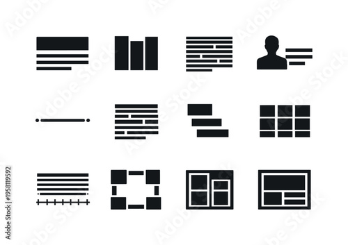 Newspaper Typography. Solid icon set of Newspaper Typography: newspaper headline, column text, justified paragraph, byline text, section divider line, serif