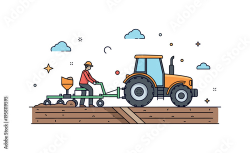 Agricultural tractor work farmer guiding a tractor with farming equipment attached while cultivated soil lines appear across the field. The composition