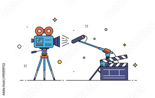 Cinema crew in action a camera on tripod recording while a boom mic extends toward the scene and a clapperboard signals the start of filming, capturing the