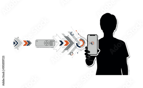 black-and-white person holding a remote control that gradually transforms into a smartphone, geometric arrows and circular graphs representing