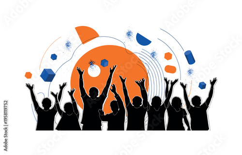 black and white joyful group tossing gulal powder into the air with raised arms, cut-out figures with white contour outline, large orange circle behind