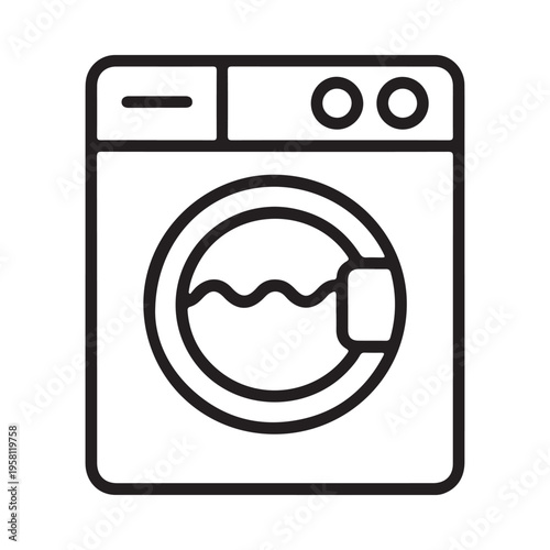 Washing Machine Icon with Water Waves Inside Drum Simple Line Art Clean Laundry Concept