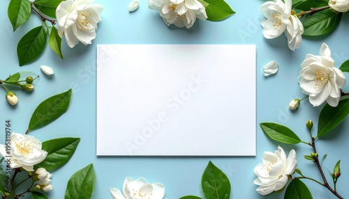 A minimal floral design featuring a blank paper card framed by white spring blossoms and green leaves on a decorative nature branch illustration