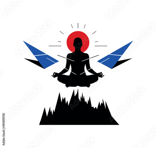 Black and white minimalist silhouette in meditation pose levitating slightly above abstract base, intense deep red circle centered behind, cobalt blue angular
