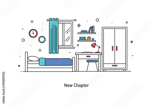 Minimal student living space with a narrow bed, compact desk and simple wardrobe silhouette. Subtle decorative dots and a gentle ?New Chapter? text detail