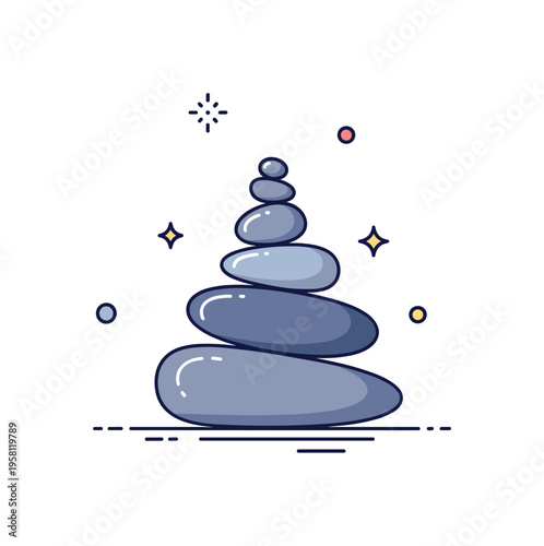 Rock balancing meditation carefully stacked smooth stones forming a calm vertical sculpture while small decorative sparkles emphasize balance and tranquility.