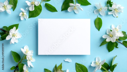 A minimal floral design featuring a blank paper card framed by white spring blossoms and green leaves on a decorative nature branch illustration