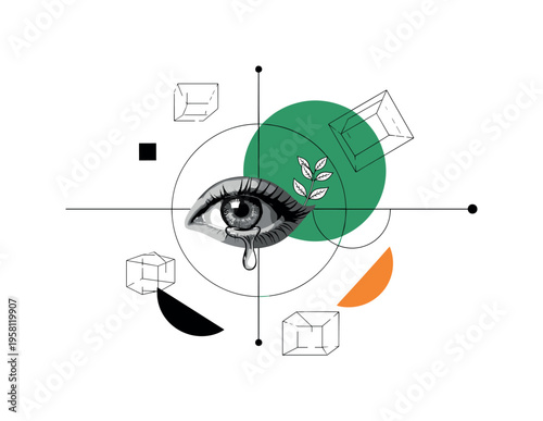 black and white eye with a tear transforming into a small plant symbolizing emotional healing and growth, large green circle behind the eye suggesting renewal,