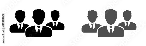 Set of businessman icons in solid black and gray outlines on a transparent background, representing teamwork, collaboration, and corporate team.