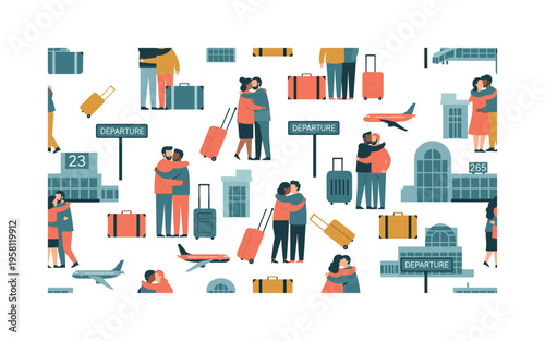 airport departures and hugs seamless pattern, travelers hugging, suitcases, departure signs, airplanes and terminal elements arranged in a repeating pattern,