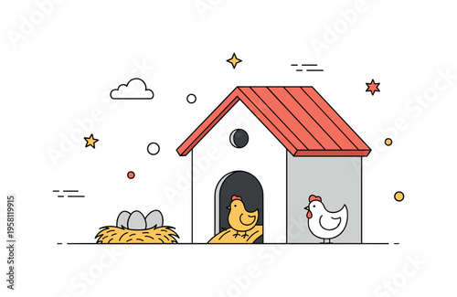 Backyard poultry shelter compact chicken coop with a hen and chick near the entrance while eggs rest safely inside a straw nest. Friendly countryside concept