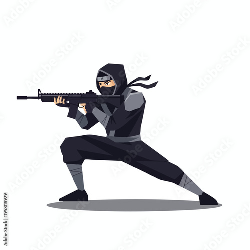 Stylized ninja in black attire aiming a rifle in a combat stance