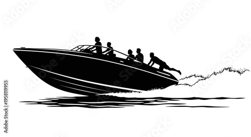 High Speed Powerboat with Passengers Creating Water Splash on Isolated White Background.